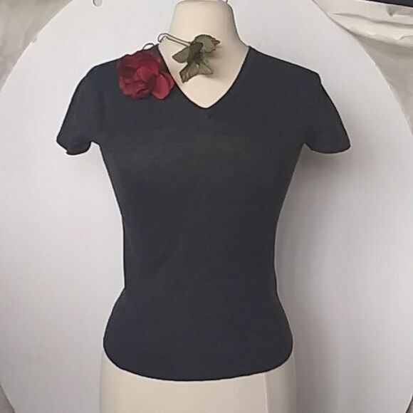 Short Sleeve Sweater Women's T Shirt Style V Neck Body Con Soft Charcoal size S - Picture 1 of 9